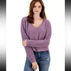 Hooked Up Juniors' Drop-Shoulder V-Neck Knit Sweater, Purple, Size Large